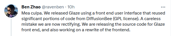 Tweet from author admitting to stealing code